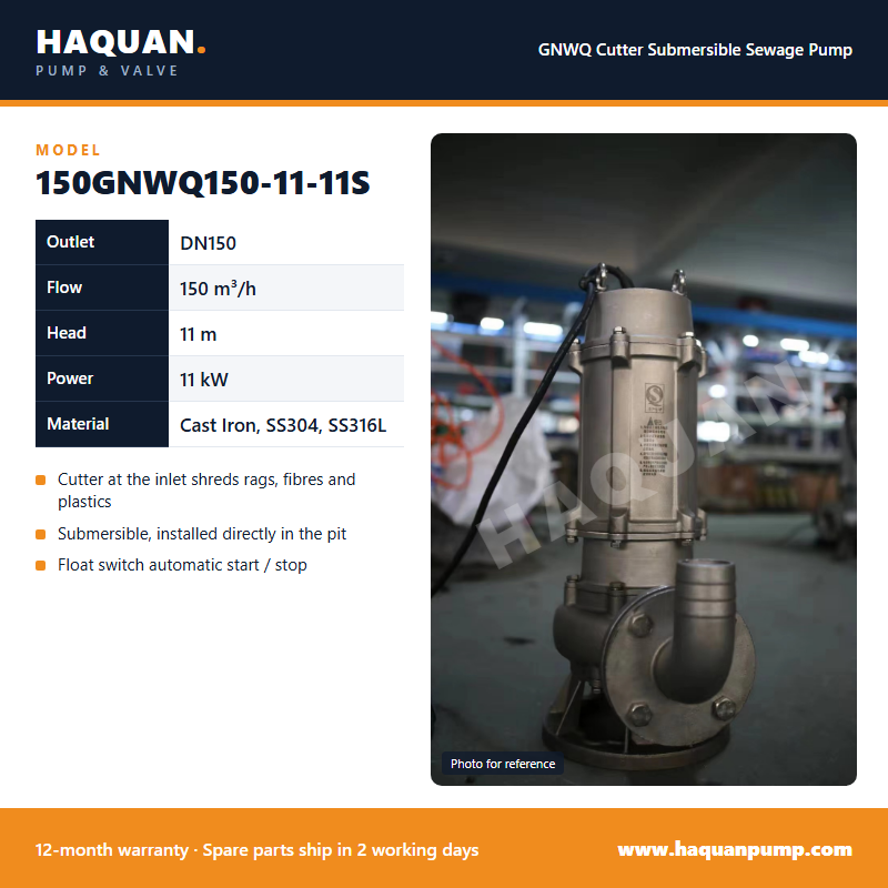 150GNWQ150-11-11S Stainless Cutter Pump for Brine — GNWQ Cutter Submersible Sewage Pump by Haquan